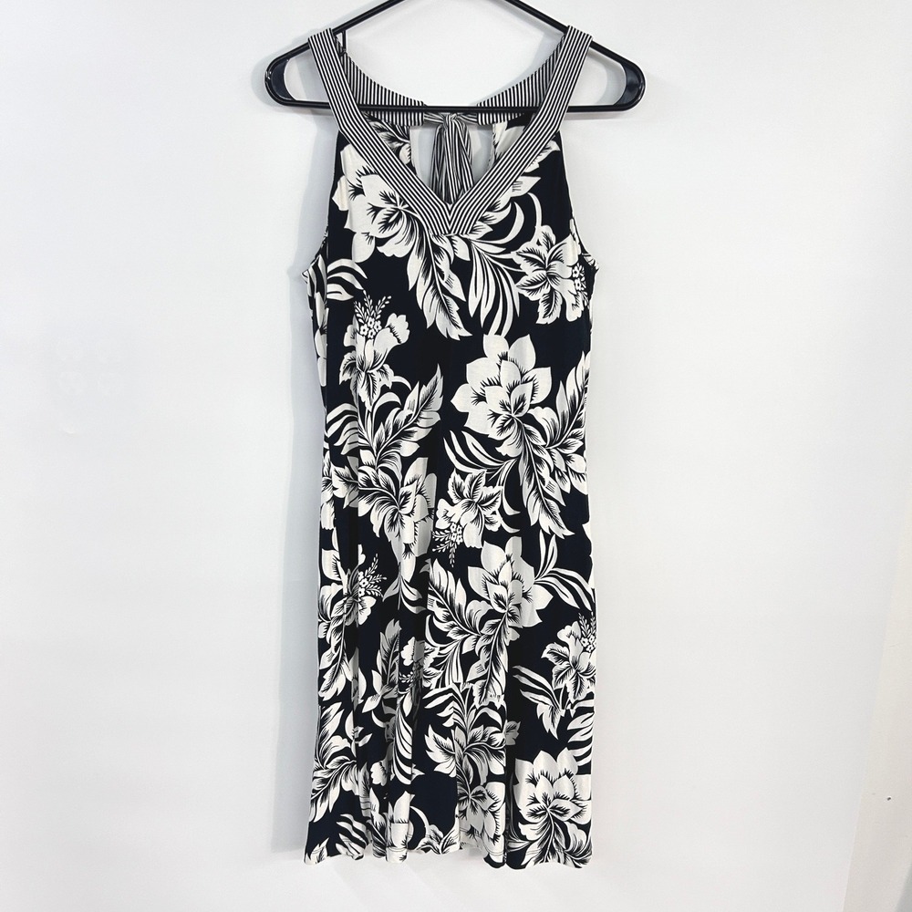 Tommy Bahama Halter Dress S Black White Tropical Floral Resort Vacation Cruise